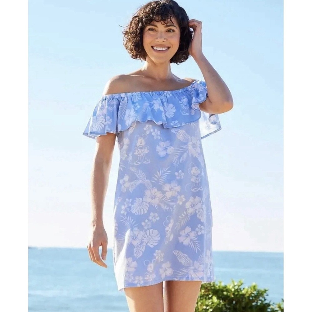 Disney Parks Tommy Bahama Mickey Mouse Tropical Off Shoulder Dress Blue Medium
